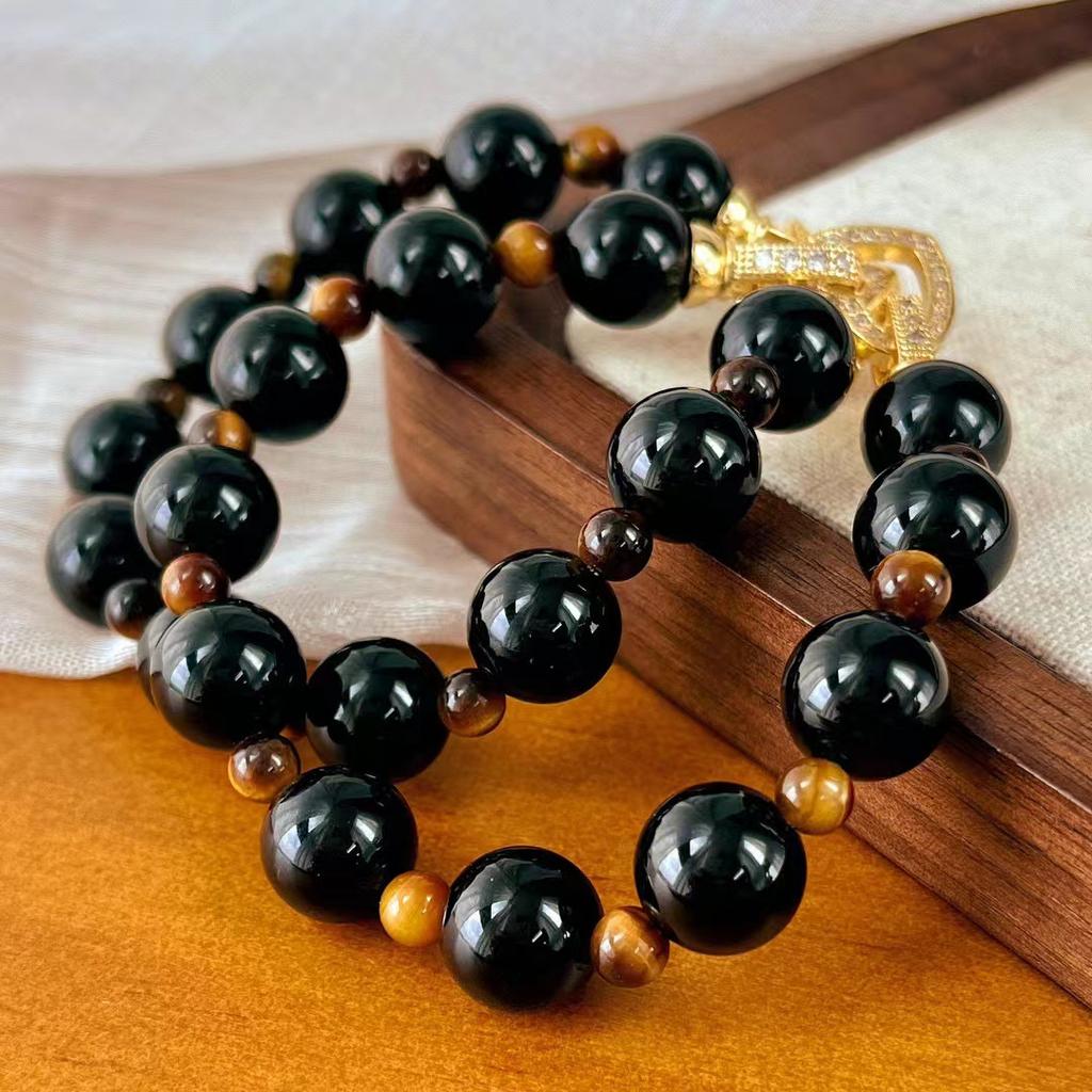 Maillard style natural black agate tiger's eye contrast bracelet