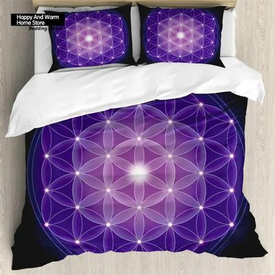 Dunkelblauer Bettbezug Blume des Lebens mit Sternen Geometrie 3-teiliges Bettwäscheset Abstrakt 3D-Druck Spirituelles Symbol Sakrale Steppdecke