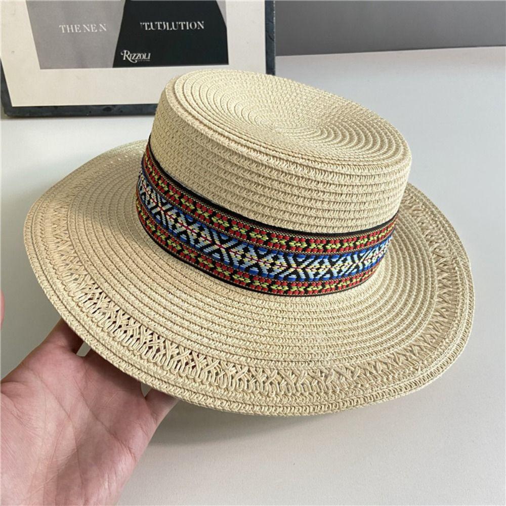 Ethnic Style Weave Straw Hat UV Protection Outdoor Visor Cap Fashion Beach Hat  Outdoor