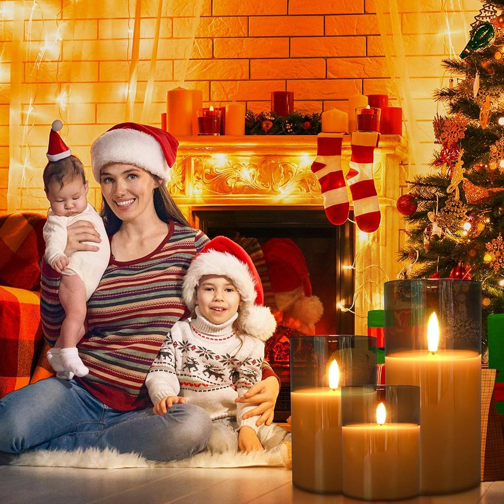 Rechargable Flameless Candles with Timer & Remote Control, Built-in Battery LED Candles, Gray Glass Candles Gift Set, Set of 3 Pillar Flickering