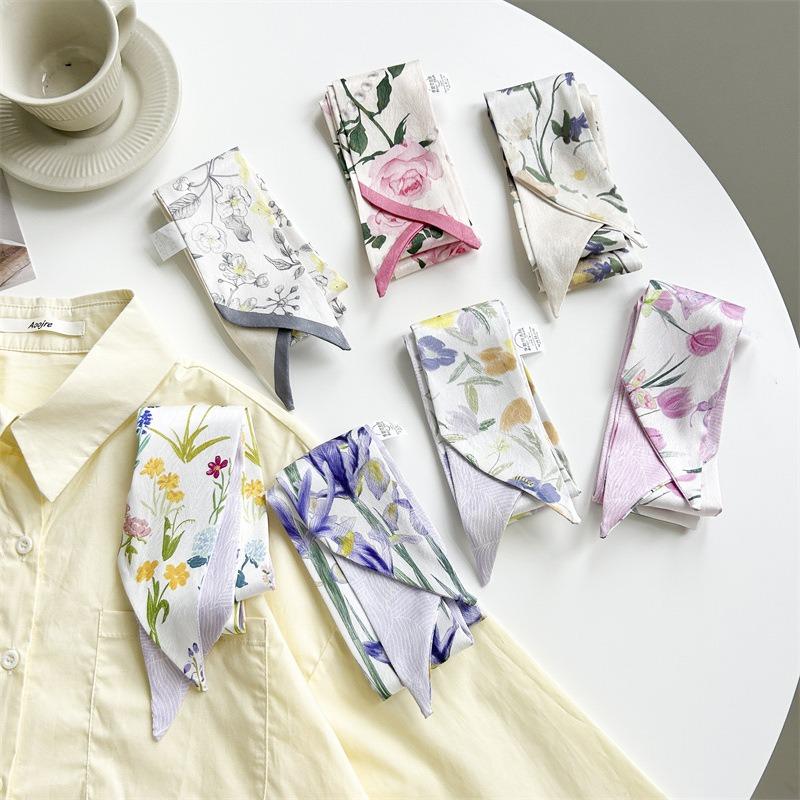 Spring Flower Print Silk Scarf Women's Versatile Long Strip Narrow Silk Scarf Pastoral Art Diagonal Streamer Tied Bag Ribbon