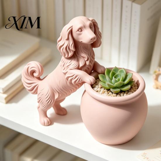 Small Herbaceous Flower Holder 3D Printed Long Haired Dachshund Planter, Cute Dog Flowerpot for Cactus Air Decorative Ceramic Look Pot Plants