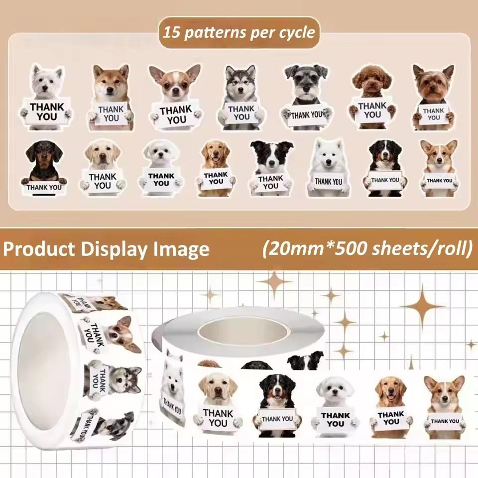 

1Roll(500Pcs) Irregular Cute Dogs Thank You Heart Holding Sign Sticker 15 Designs Decals Art Adorning Gift Packaging Supply