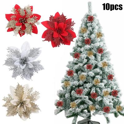 10x Artificial Glitter Flower Ornaments for Xmas Tree Decoration Eye Catching