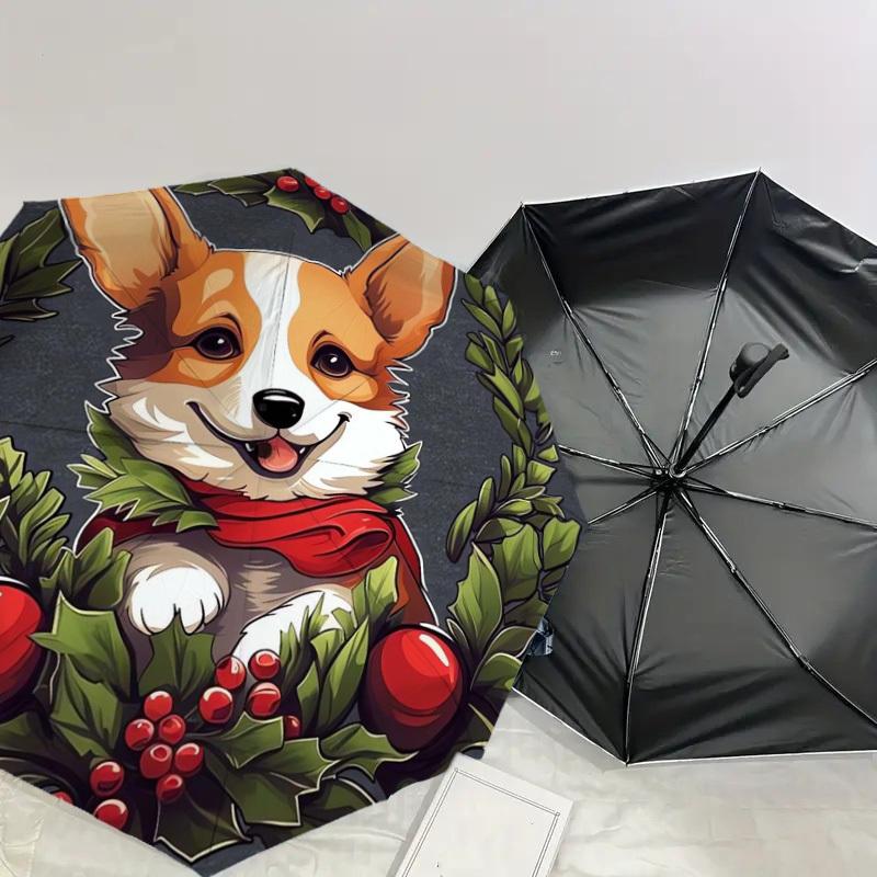 1pc Christmas Corgi Wreath Umbrella with Plastic Handle,Suitable for All Seasons Home Travel Outdoor UmbrellaDD224