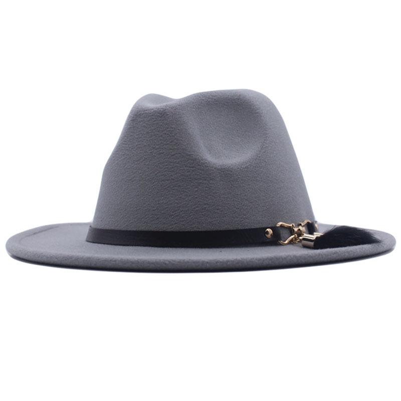 Autumn and winter woolen top hat British style classic flat edge jazz hat fashionable versatile women's hat metal buckle feather hat