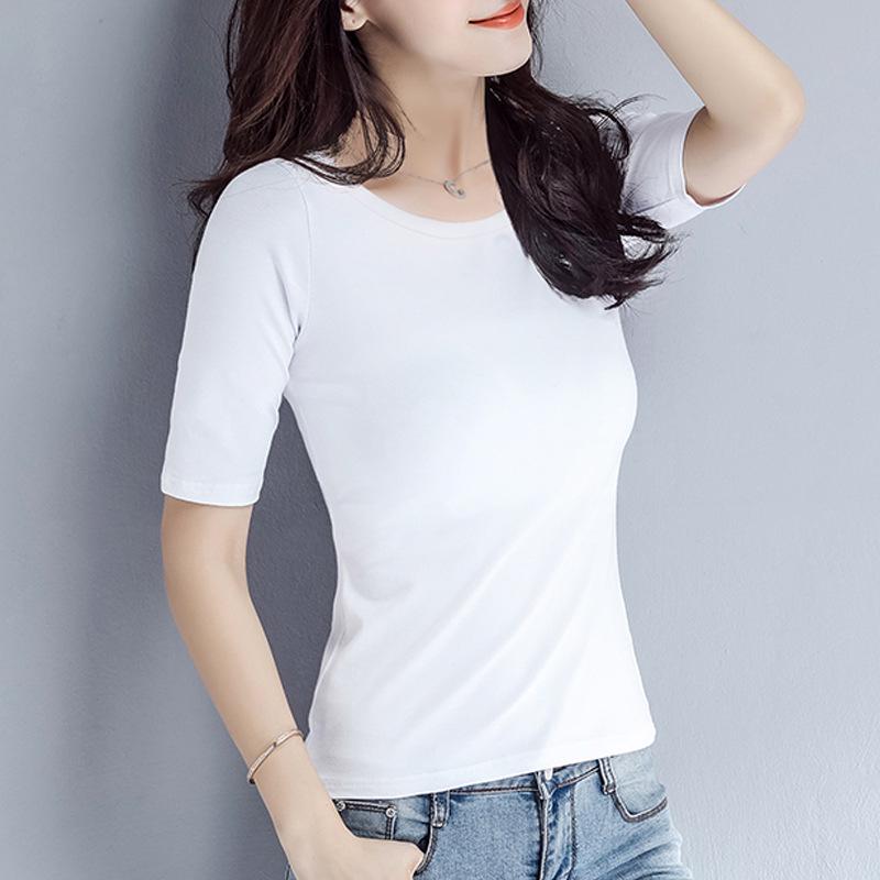 Women's Slimming Fitted T-Shirt: Round, V-Neck, or Mock Neck; Short or Three-Quarter Sleeves; Semi-High Neck Basic Top.