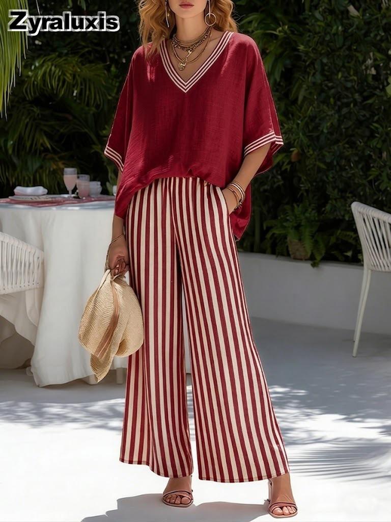 Women's V-Neck Top & Straight Leg Striped Casual Pants Set
