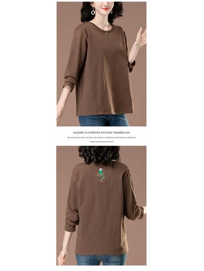 Women's Plus Size Embroidered Cotton Long-Sleeve Shirt, Loose-Fit for Middle-Aged and Elderly - Spring/Autumn Style