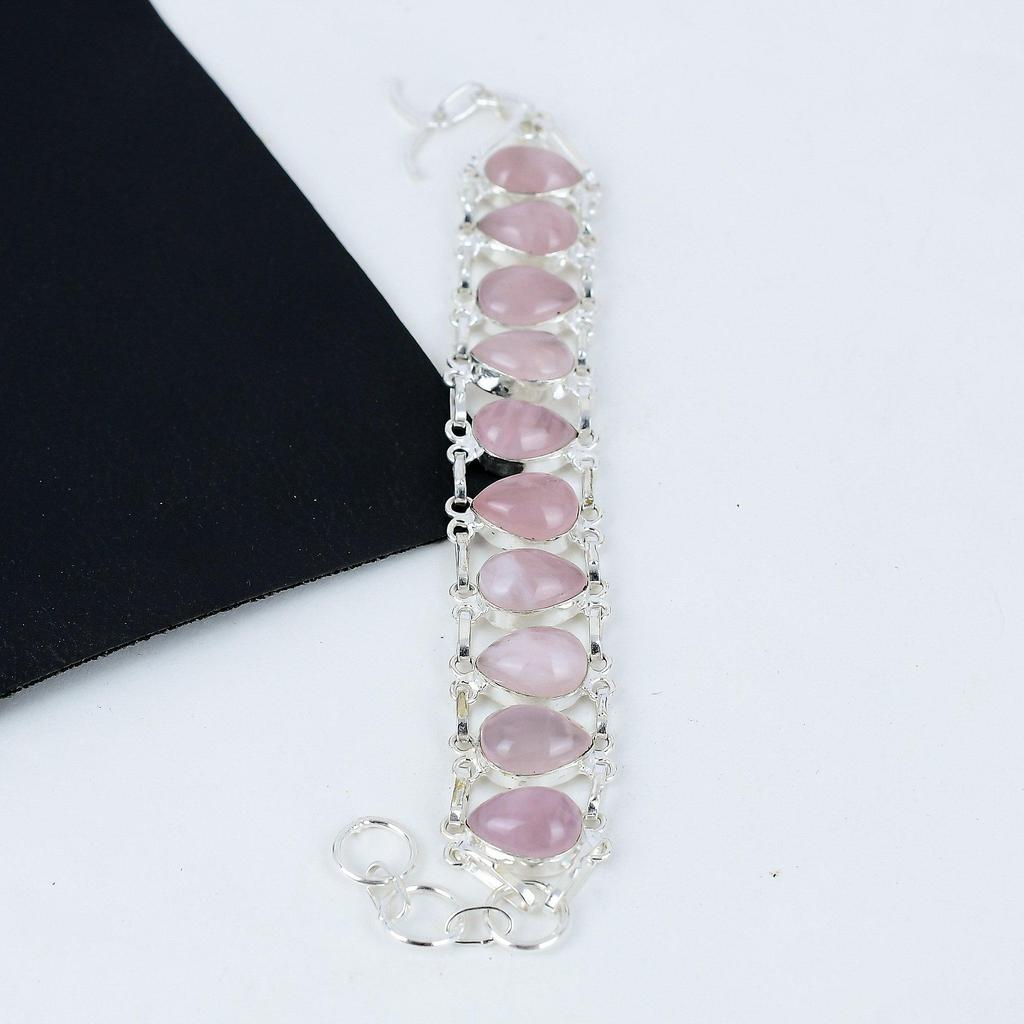 Natural Rose Quartz Gemstone Handmade 925 Sterling Silver Bracelet, Rose Quartz Bracelet For Wife , Unisex Bracelet, Gift For Mom