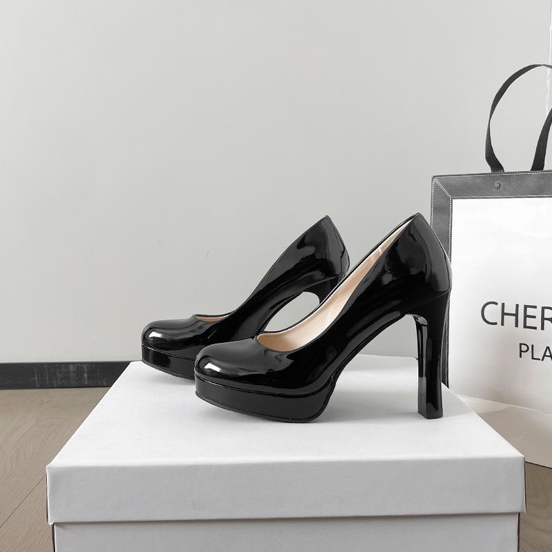 Autumn New Korean Version Single Shoes Waterproof Table Women's Shoes Thick Heel High Heels Round Head One-word Buckle with Patent Leather Princess Wo