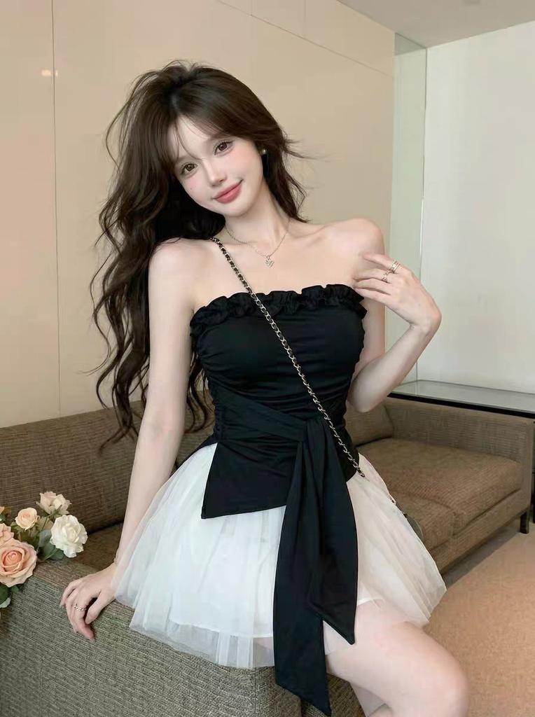 #Summer new pure desire wind fungus edge splicing tube top binding nun integrated top with chest pad