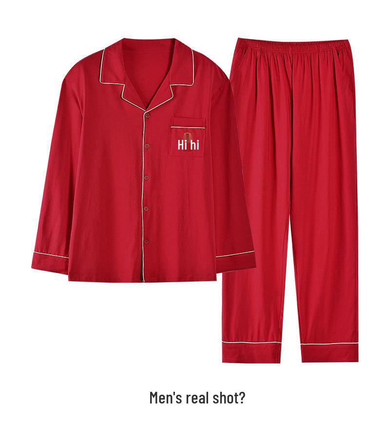 Červená sada pyžam pro páry: Viskózová bavlna, Dlouhý rukáv a kalhoty, Slavnostní domácí oblečení na jaro a podzim