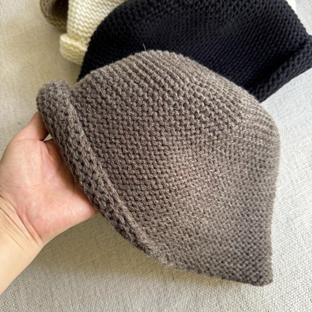 Japanese and Korean Autumn Wool Knitted Bucket Hat Women's Retro Curled Pullover Hat Warm Large Head Fisherman Hat