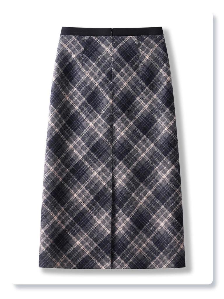 Dámská kostkovaná vlněná midi sukně s rozparkem vzadu - Podzim/Zima 2024 Bodycon styl