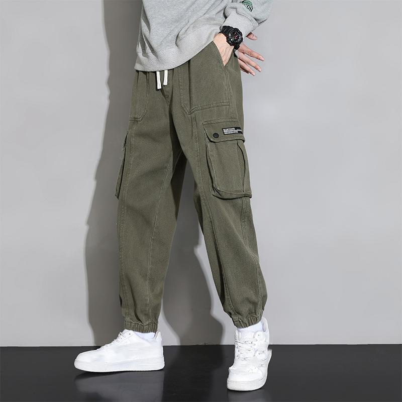 Мужские повседневные брюки с карманами с клапанами и поясом с завязками по бокам, свободные повседневные брюки M зелёный