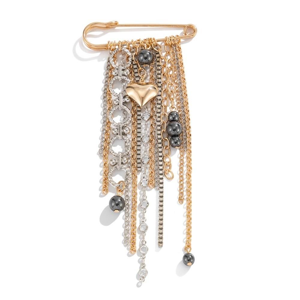 Ins Style Heart Brooch Black Beads Chain Tassel Metal Chain Brooch Sweet Cool Style Heart Pendant Beaded Tassel Lapel Pin