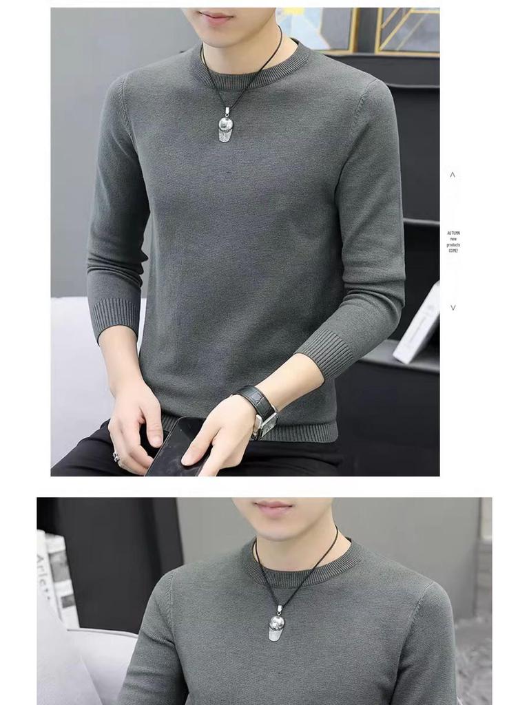 Men's Slim Fit Round Neck Sweater: Long Sleeve, Thin Pullover, Solid Color, Plus Velvet Knitwear for Autumn/Winter.