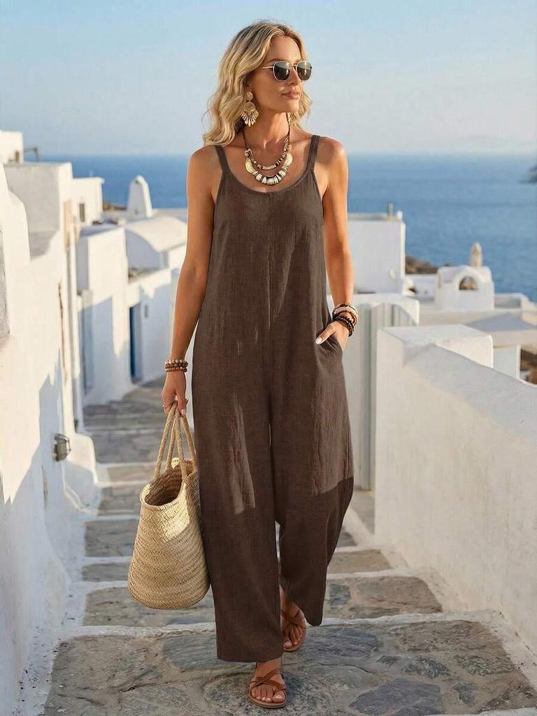 2026 Women's Khaki Wide-Leg Jumpsuit - Summer Casual Style