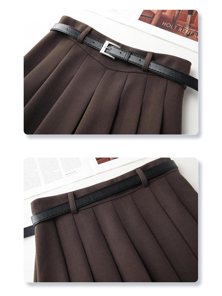 Women's Khaki High-Waisted A-Line Pleated Midi Skirt - 2024 Autumn/Winter Collection