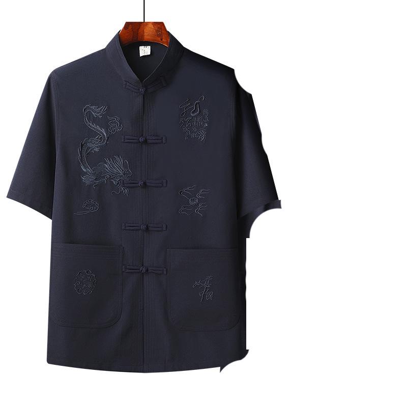 Men's Embroidered Short Sleeve Tang Suit - Loose Fit Dragon Set for Fathers and Seniors