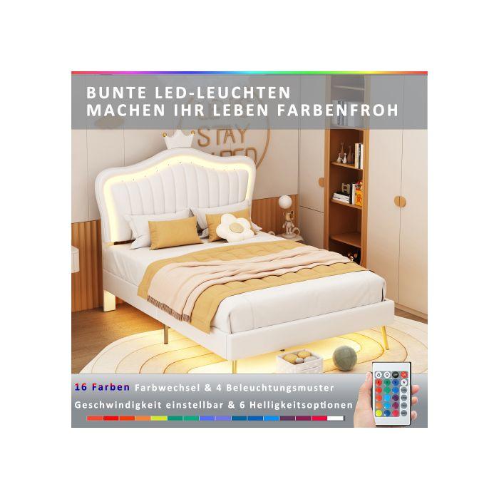 Lit d'enfant - MUVOE - 90 x 200 cm - Cuir PU blanc - Éclairage LED - Design coquillage