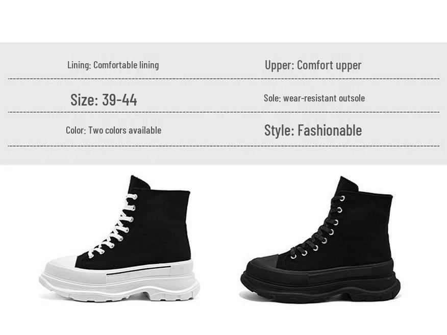 Versatile Men's Black Canvas High-Top Sneakers - Trendy, Thick-Soled, Height-Boosting Casual Sports Shoes for Spring and Autumn.
