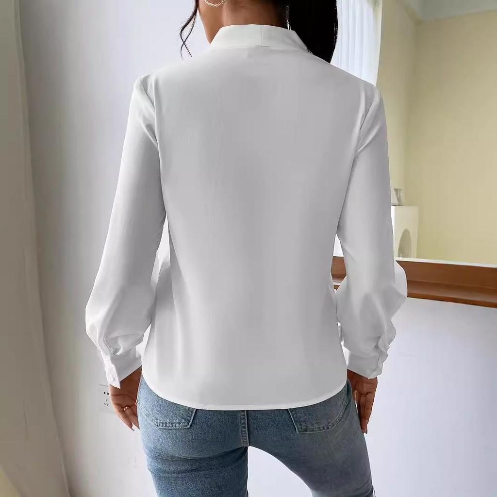 GMXIA Spring and Winter Long Sleeve Shirt Design Sense V-neck Solid Color Loose Top Autumn Shirt