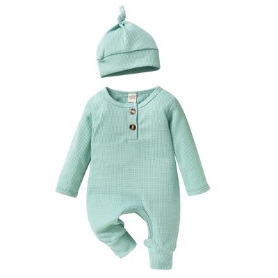 Baby Boys Waffle Rompers Solid Color Buttons Crew Neck Long Sleeve Infant Jumpsuits Fall Toddler Clothes Bodysuits with Hat