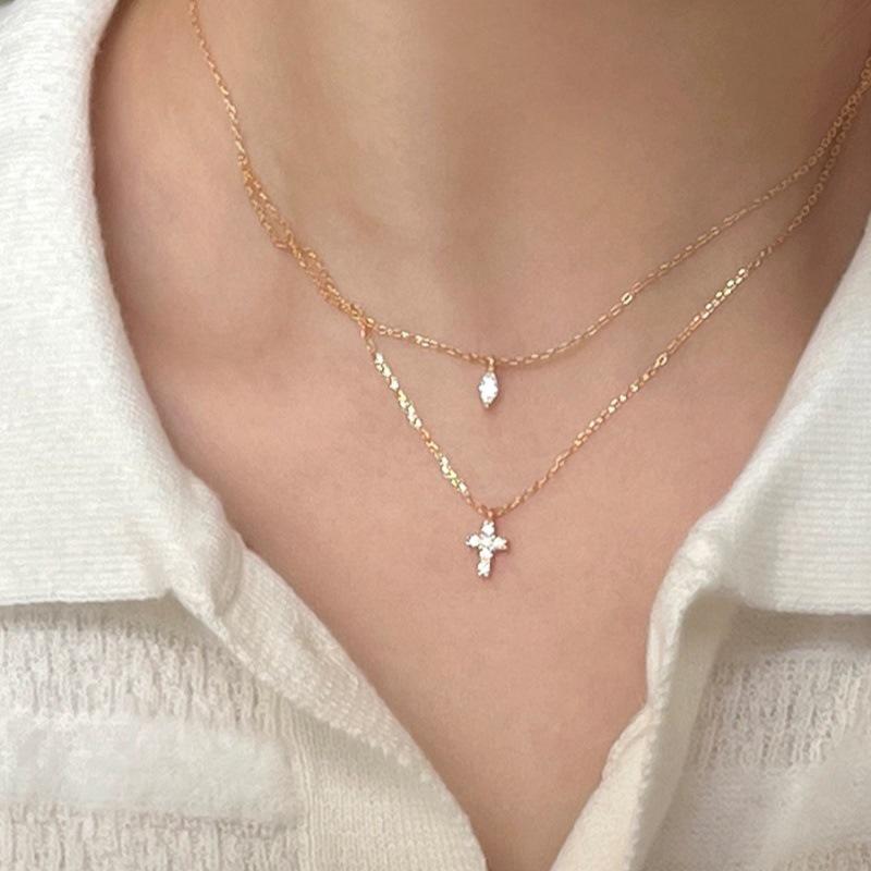 

Ожерелье из стерлингового серебра 925 пробы с позолотой 14 карат, двухслойное, с цирконом, в виде капли воды и креста, для женщин Platinum