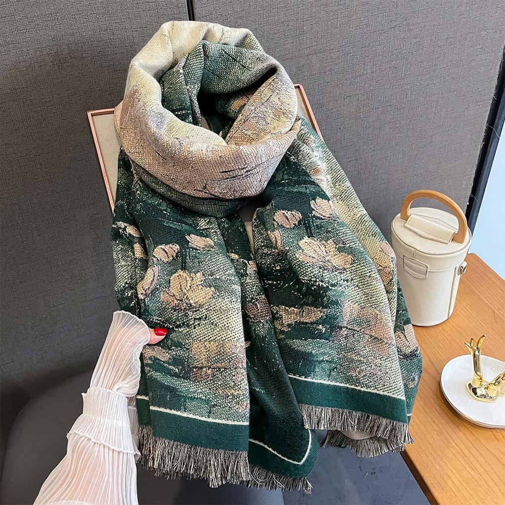 Autumn personalized versatile plant flower print scarf women's imitation cashmere warm windproof scarf with a large shawl tide