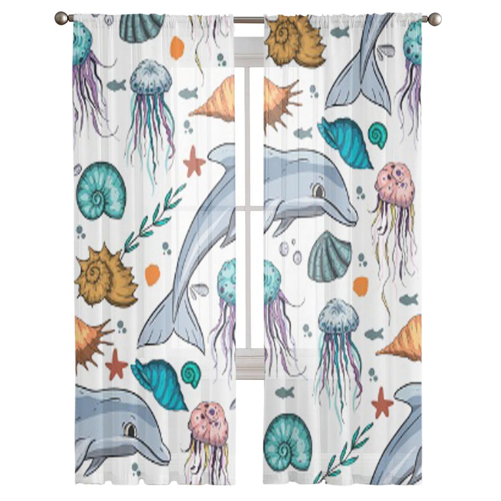 Ocean Animals Dolphin Jellyfish Tulle Curtains For Living Room Kitchen Window Drapes Home Decor Sheer Curtain For Kids Bedroom