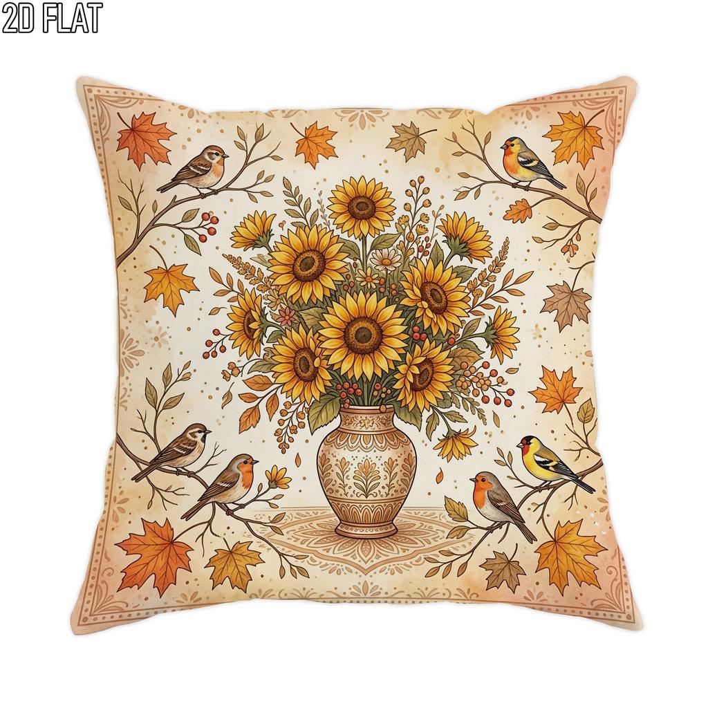 2D Flat - 1pc 2D Flat Throw Pillow Covers Autumn Season Sunflowers Birds Maple Leaves Vintage Style Yellow Orange Brown Soft Velvet Washable Pattern P