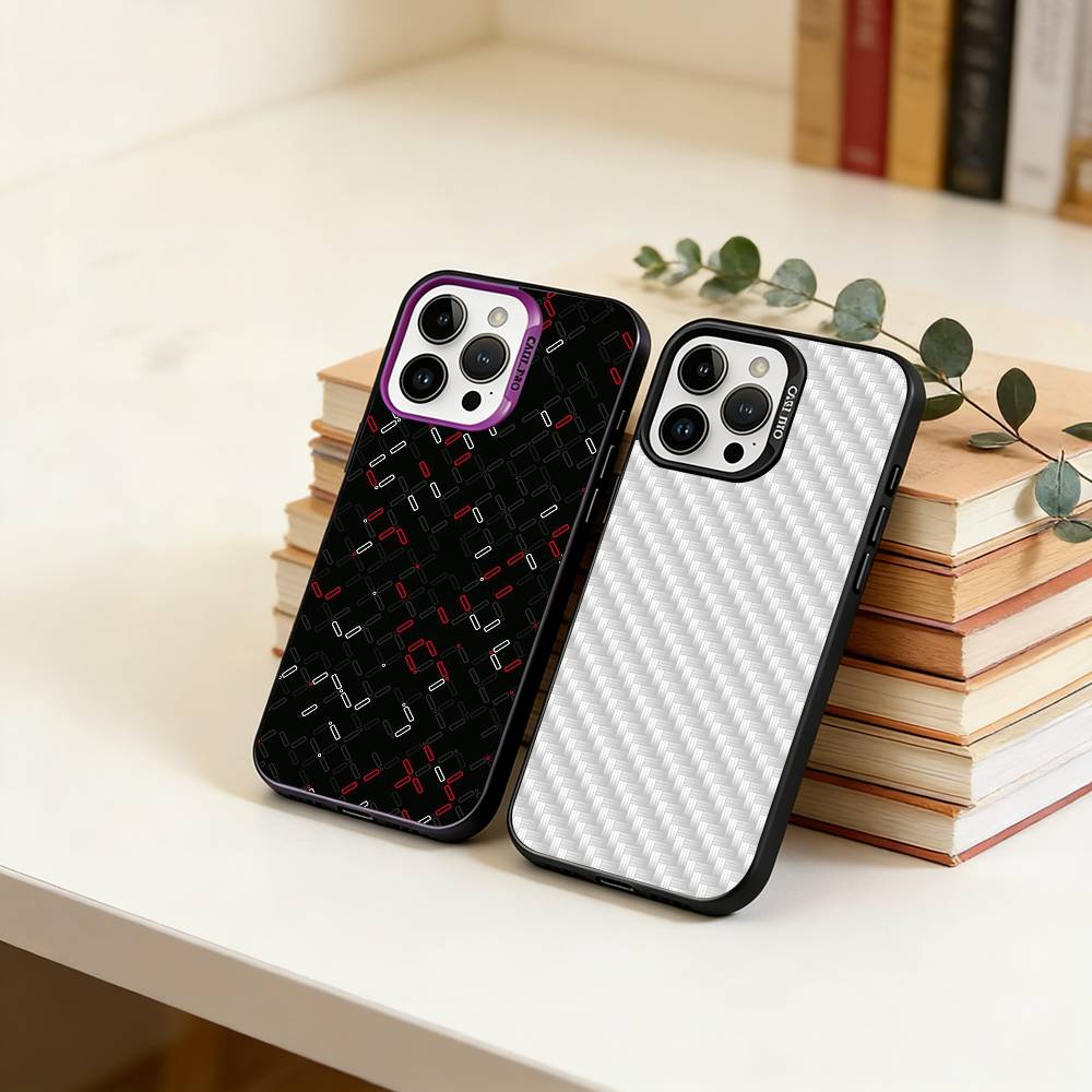 Carbon Fiber Weave Phone Case For iPhone 17,16,15,14,13,12,11 Plus,Pro Max,XS,Colored Silver Plated Inside Cover