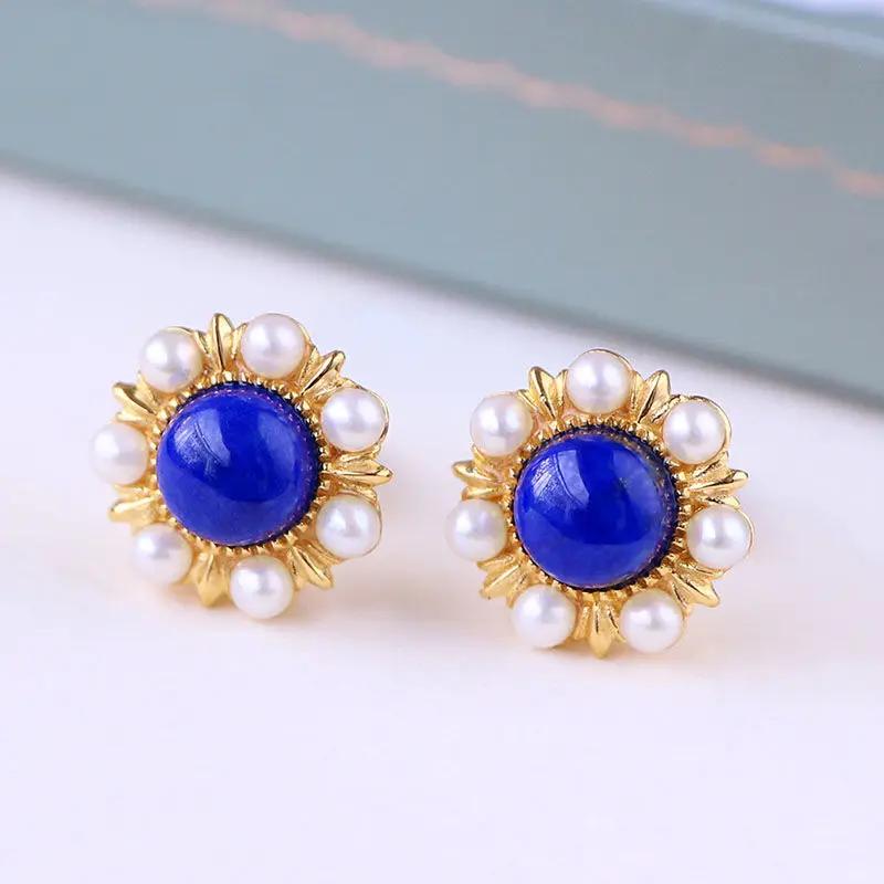 

Designer Original New Ancient Gold Craftsmanship Inlaid Pearl Sun Flower Lapis Lazuli Earrings Ladies Jewelry