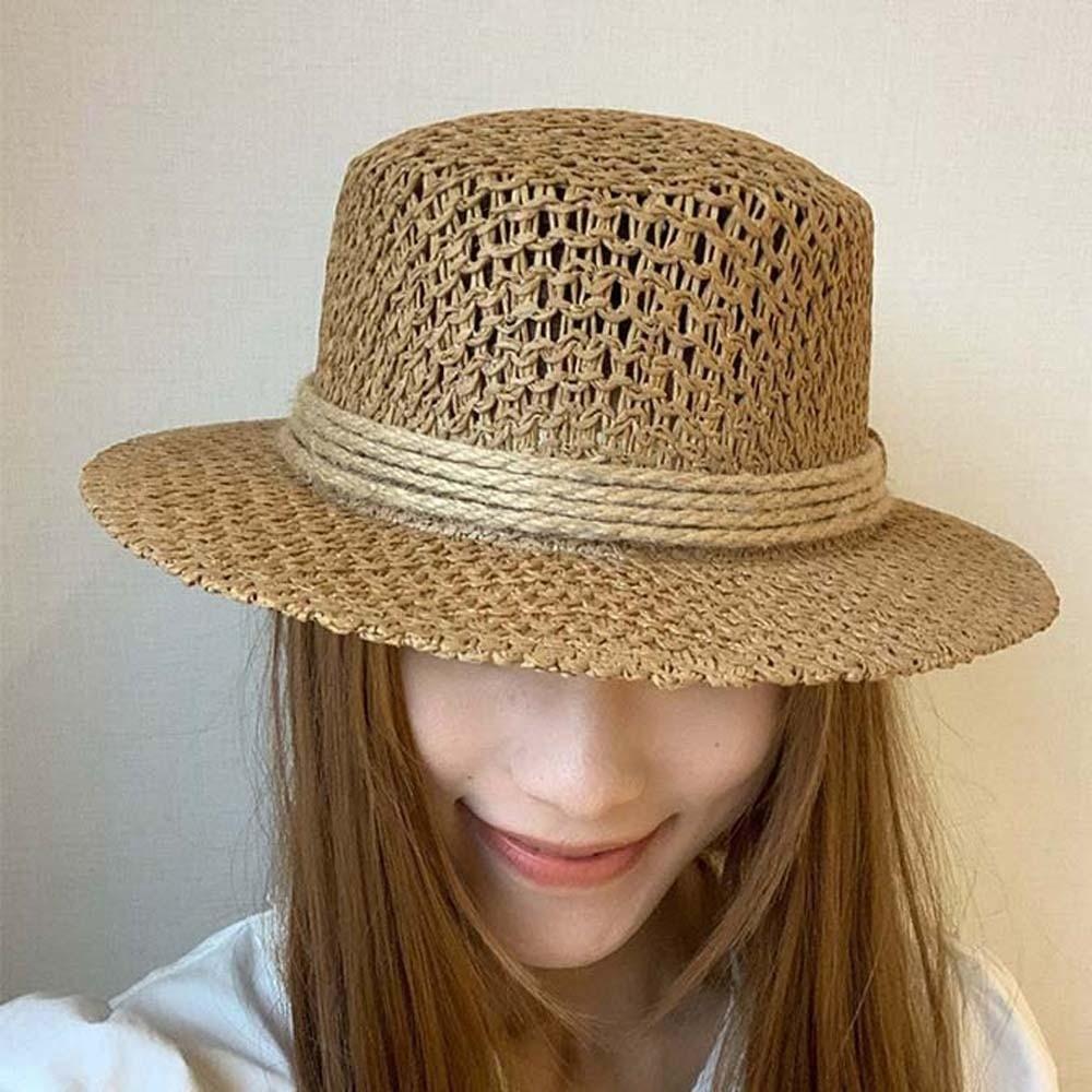 Lightweight Handwoven Sun Cap Breathable Mesh Flat Top Beach Hat Straw Boater Hat Beach Vacation