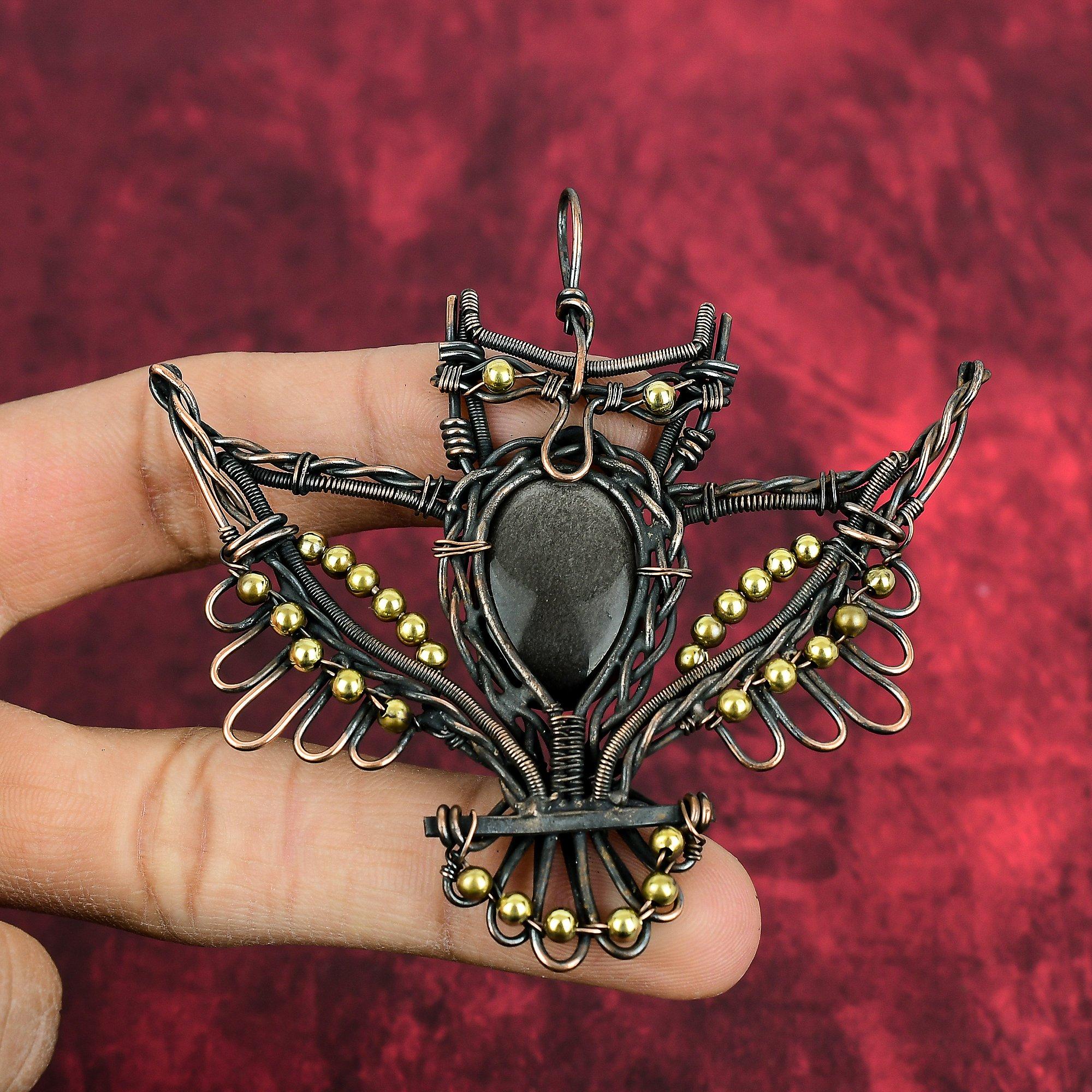 Silver Sheen Obsidian Pendant Copper Wire Wrapped Owl Pendant Handmade Copper Jewelry Awesome Gemstone Pendant Silver Sheen Obsidian Jewelry
