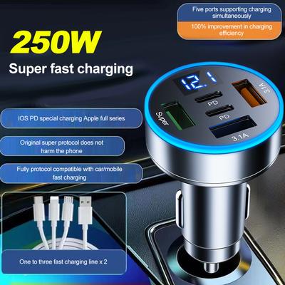 Autoladegerät 5 in 1 Schnellladeadapter 3USB-Anschluss + 2PD QC3.0 mit Spannungsüberwachung Telefonladegerät Typ C USB für iPhone Samsung