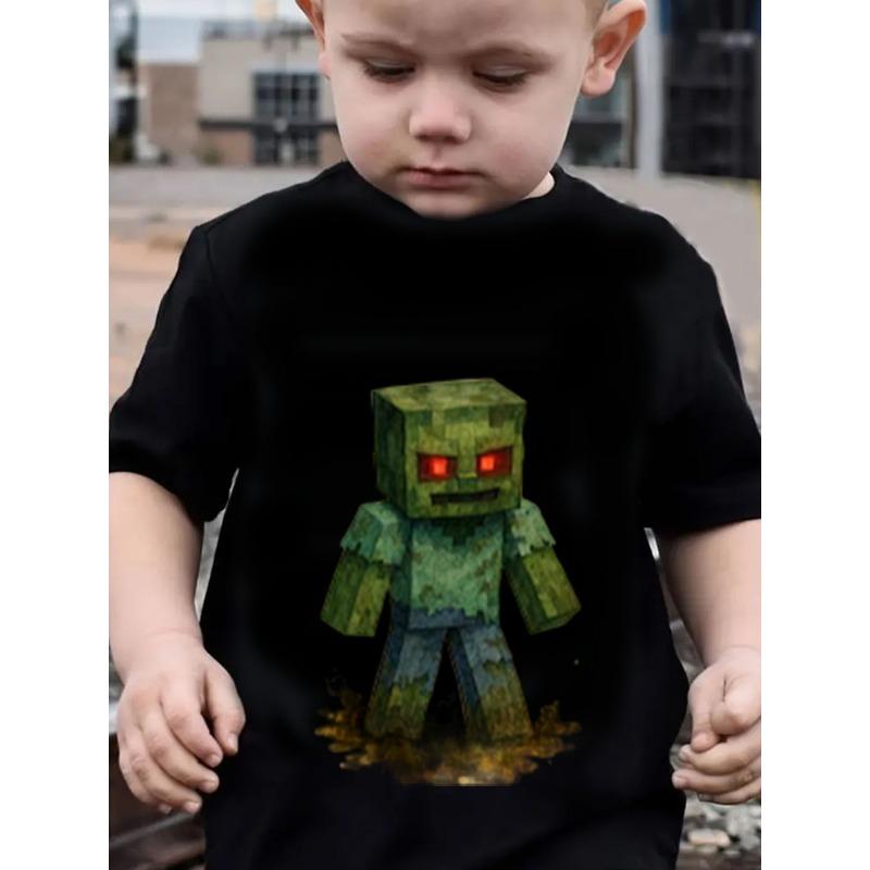 

European sizes Boys Zombie T-Shirt with Red Eye & Zombie Face Patch - Short Sleeve Round Neck Summer Outfit 164cm чорний