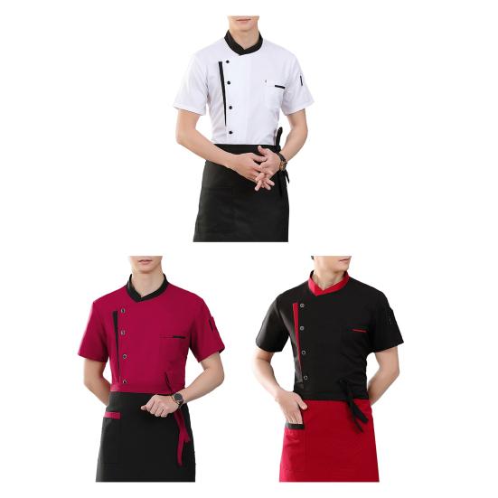 Kochuniform Schürze Set Stehkragen Kurzarm Atmungsaktive Küchenjacke mit Mehrzwecktaschen Design Patchwork Farbe Küchenpersonal