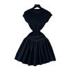 Commuter short-sleeved high-waisted A-word knitted dress women's black medium and long summer slim-fit sweater skirt