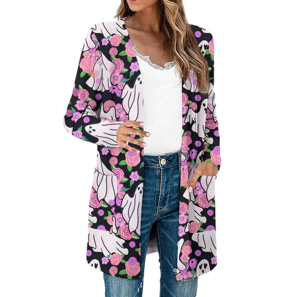 Women's Lightweight Long Sleeve Open Front Cardigans Long Sleeve Lightweight Vintage Printed Coat With Pockets