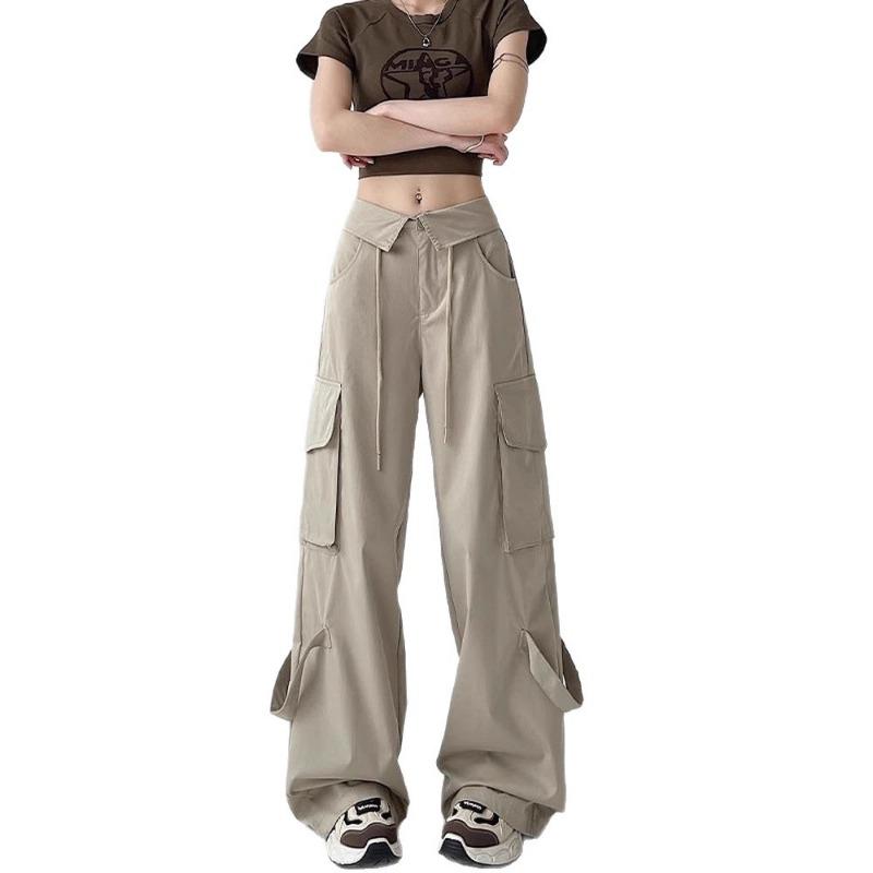 Quick-drying Paratrooper Overalls Women's Autumn New Design Sense Turned Waist Casual Loose Straight Wide-leg Sweatpants