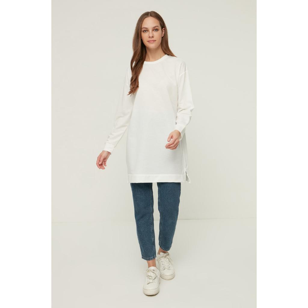 Orangefarbenes Basic-Strick-Sweatshirt mit Schlitz und Rundhalsausschnitt, Tctaw22tw0138