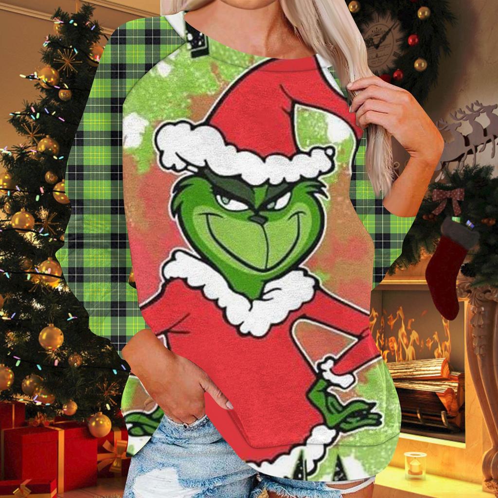 Damenmode, lässig, Rundhalsausschnitt, Langarm, Weihnachtsdruck, Raglanärmel, Sweatshirt-Oberteil