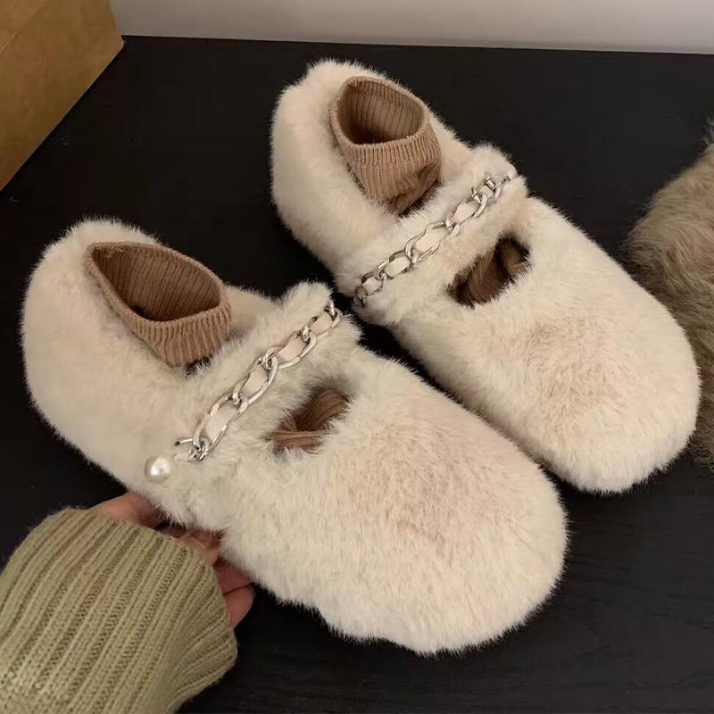 Fashion Fur Chain Women Flats Shoes Autumn New Designer Casual Shoes Women 2024 Trend Home Cotton Shoes Cozy Walking Dress Mujer Zapatos