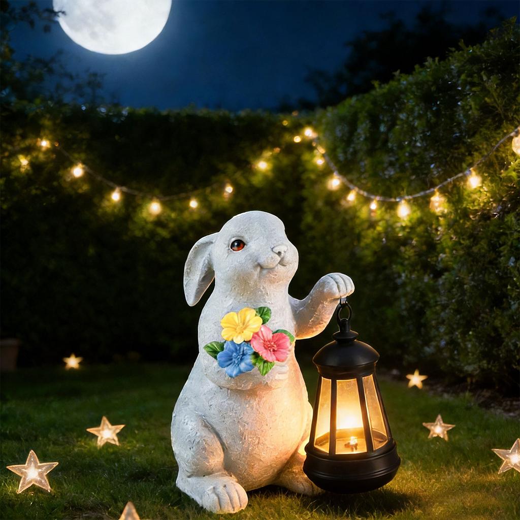 Adorable Rabbit Sun Lamp Sustainable Resin Statue Great For Lawn Tabletop Holiday Season Gift Choice