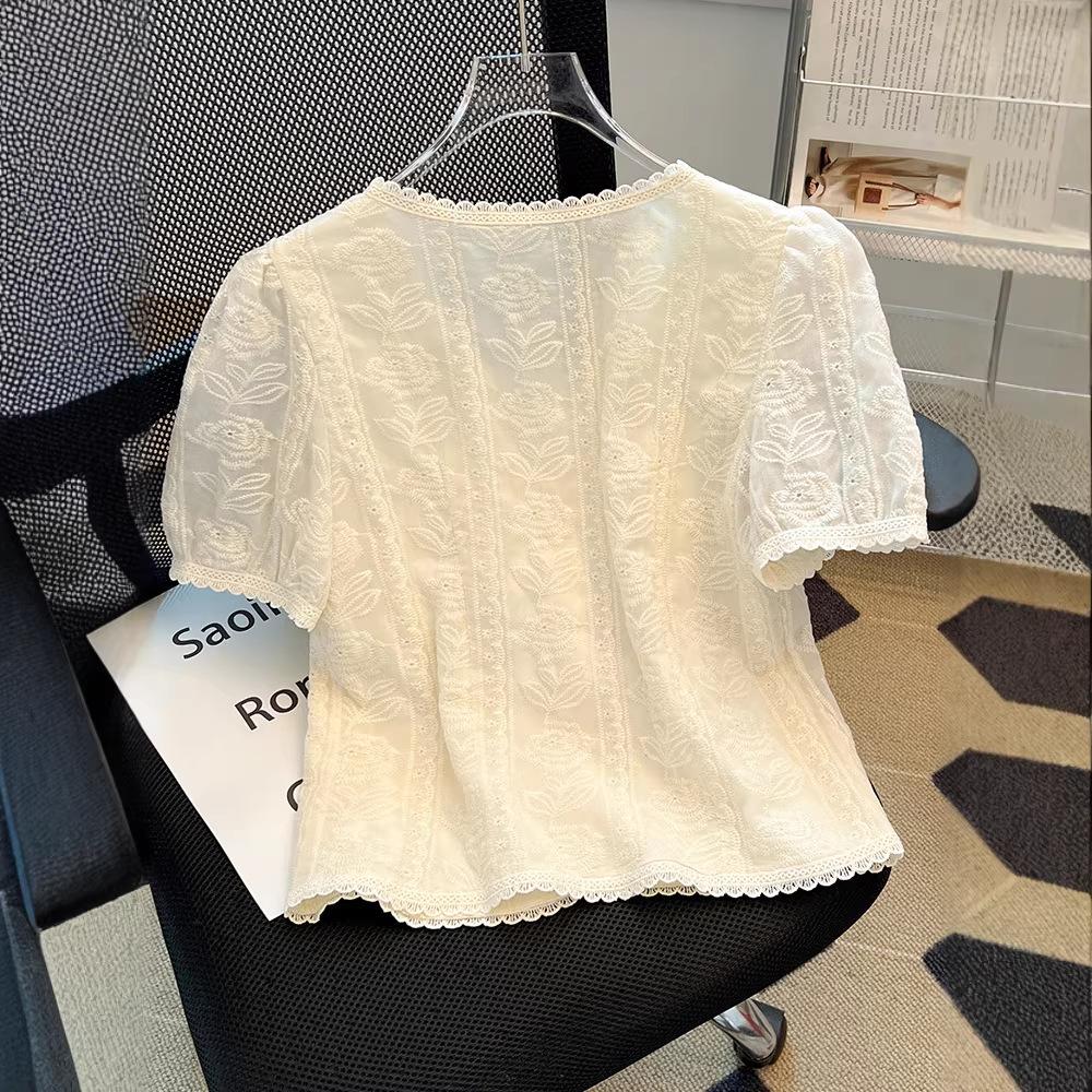French Lace Splicing Top Women's Summer Temperament Shirt Short Sleeve Large Size Women's Clothing Stylish Romantic Lace Blouse