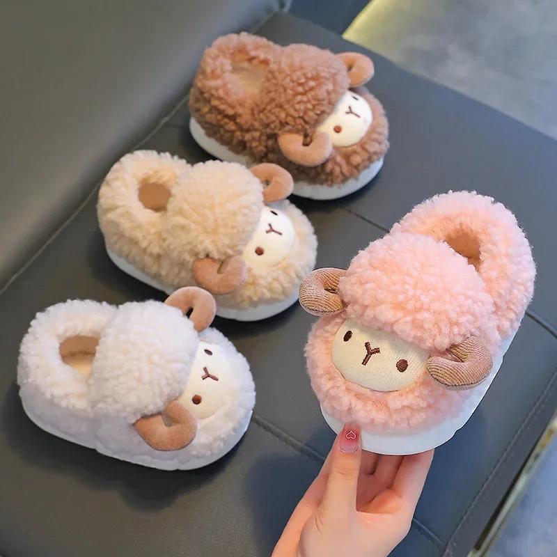 Winter Children Cotton Slippers Boys Girls Warm Anti Slip Home Slipper Fashion Cute Cartoon Alpaca Kids Parent-Child Plush Shoes