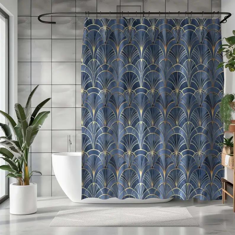 Geometric Shower Curtain - Gold Modern Abstract, Navy Blue, Art Deco Design, Home Decor, Ideal Housewarming Gift W90xH180cm